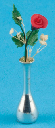 Dollhouse Miniature Single Rose,Rd,Assorted Alum. & Brass Vases